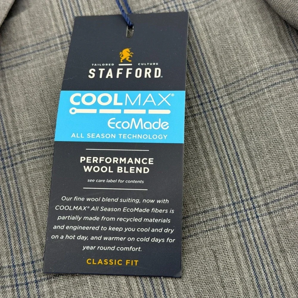 Stafford Suit Jacket Mens 42R Gray Navy Plaid CoolMax Performance Wool Blend NEW